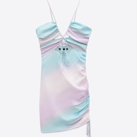 ZARA Tie Dye Satin Effect Mini Dress Drawstring & Cutouts Large - Picture 3 of 10